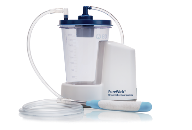 Side view of the PureWick™ Urine Collection System attached to the PureWick™ Female External Catheter with no power cord Side view of the PureWick™ Urine Collection System attached to the PureWick™ Female External Catheter with no power cord