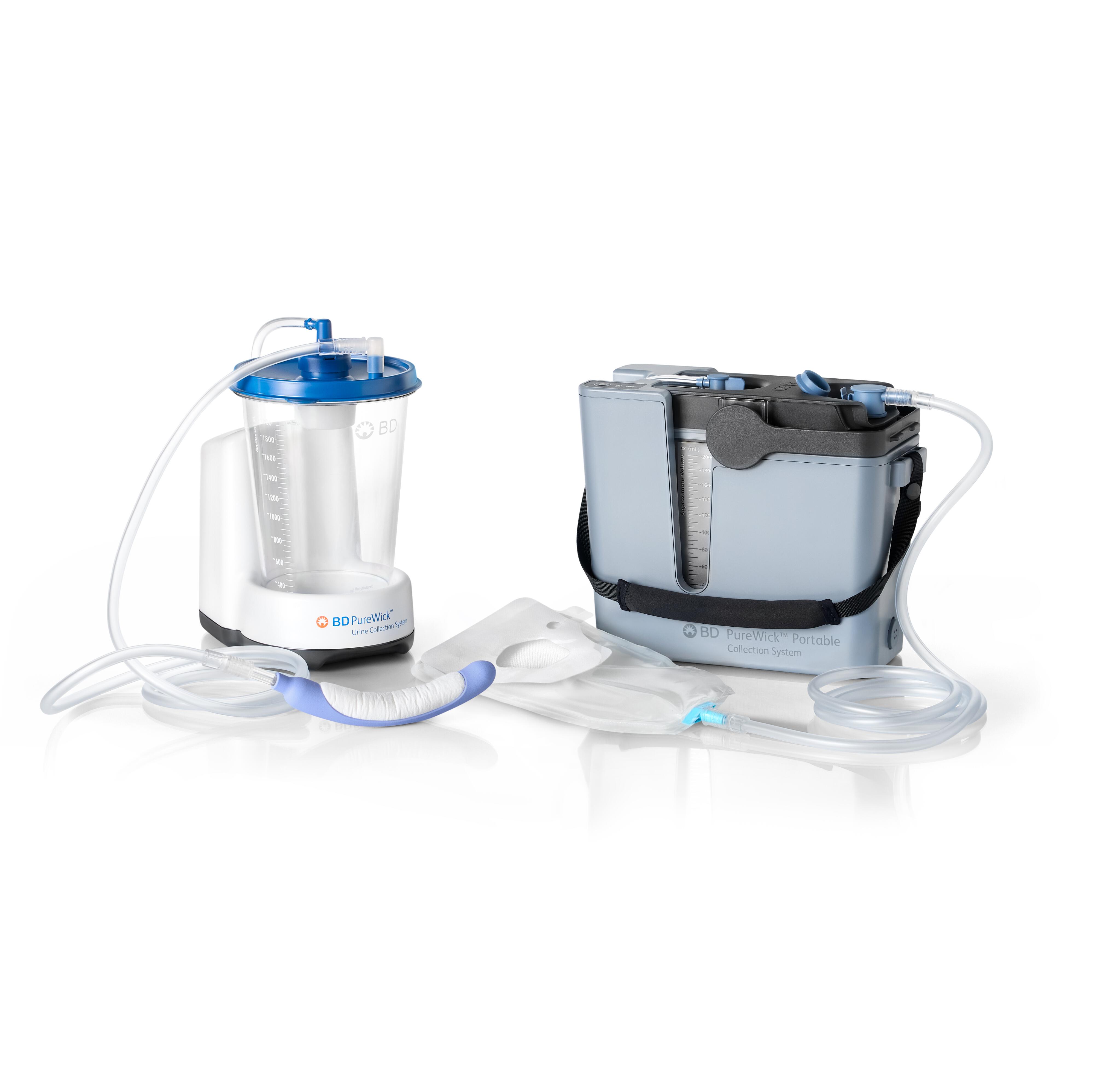 PureWick&trade; Urine Collection System attached to PureWick&trade; Flex and PureWick&trade; Portable Collection System attached to PureWick&trade; Male External Catheter
