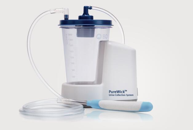 Side view of the PureWick&trade; Urine Collection System attached to the PureWick&trade; Female External Catheter with no power cord