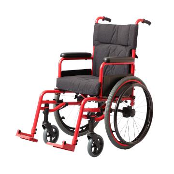 Red wheelchair with hand grips on back