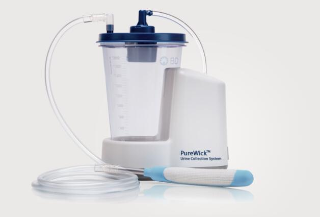 Side view of the PureWick™ Urine Collection System attached to the PureWick™ Female External Catheter with no power cord